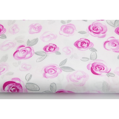 Cotton 100% fuchsia painted roses on a white background