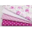 Cotton 100% fuchsia painted roses on a white background