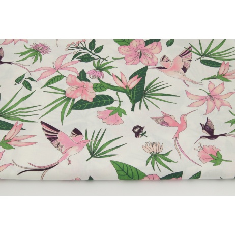 Cotton 100% pink hummingbirds, flowers on a white background