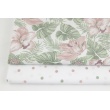 Cotton 100% tropical flowers pink-green on a white background