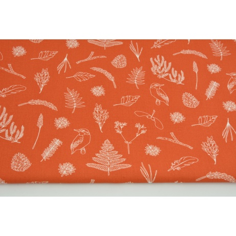 Cotton 100% twigs, leaves, ferns on an orange background
