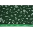 Cotton 100% twigs, leaves, ferns on a dark green background