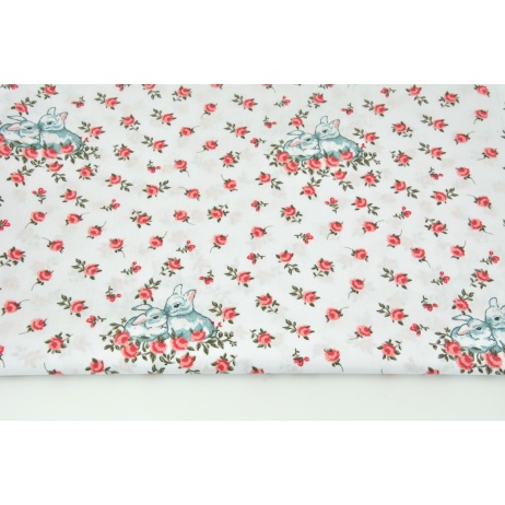 Cotton 100% bunnies among red roses on a white background R