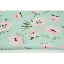 Cotton 100% pink poppies on a powder mint background