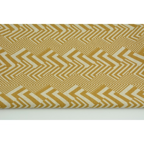 Tkanina dekoracyjna, musztardowy wzór geometryczny na lnianym tle 200g/m2