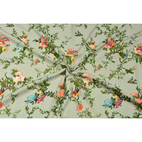 Cotton with viscose, flowers and birds on a linen background