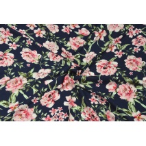 Viscose 100% pink peonies on a navy background