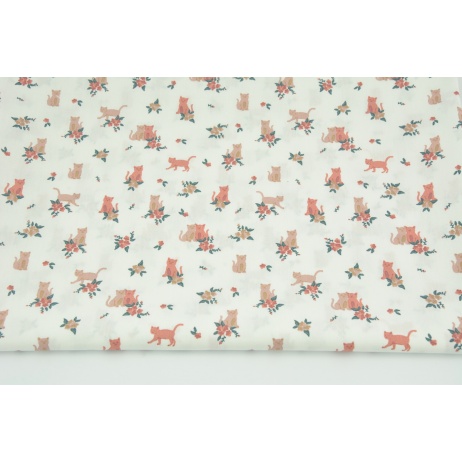Cotton 100% cats, flowers on a white background, poplin