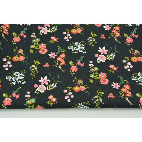 Cotton 100% coral flowers on a black background, poplin