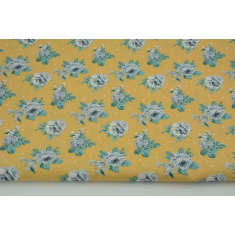 Cotton 100% gray roses on a mustard background with dots, poplin