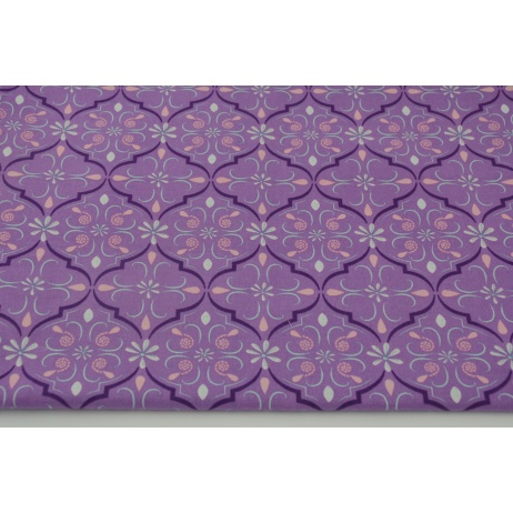 Bawełna 100% organiczna, orientalny wzór na fioletowym tle