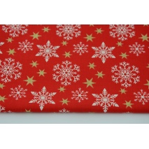 Cotton 100% white snowflakes, gold stars on a red background