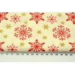 Cotton 100% red snowflakes, gold stars on a vanilla background