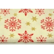 Cotton 100% red snowflakes, gold stars on a vanilla background