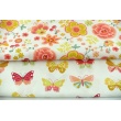 Cotton 100% colorful flowers, butterflies on a white background, poplin