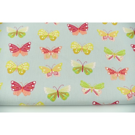 Cotton 100% colorful butterflies on a gray background, poplin
