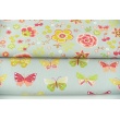 Cotton 100% colorful flowers, butterflies on a gray background, poplin