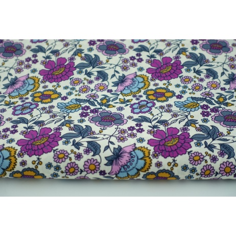 Cotton 100% mustard-purple flowers on white background, poplin