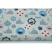 Cotton 100% whales, ships on a gray background, poplin