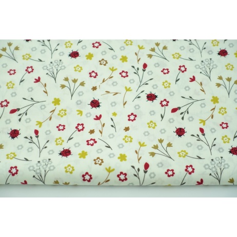 Cotton 100% flowers, ladybugs on vanilla background, poplin