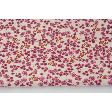 Cotton 100% mini pink mustard flowers on a cream background, poplin