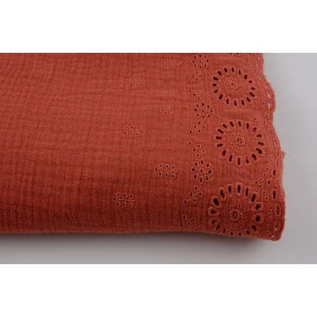 100% cotton,  double gauze 1-side embroidered border, bright brick red