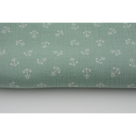 Double gauze 100% cotton, small anchors on a green background