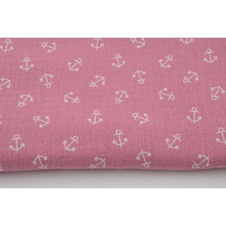 Double gauze 100% cotton, small anchors on a lipstick pink background