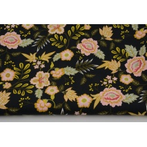 Cotton 100%, pink-mustard flowers on a black background, poplin