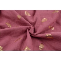 Double gauze 100% cotton golden feathers on a dark pink background