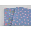Cotton 100% green and pink flowers, polka dots on a blue, poplin