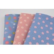 Cotton 100% green and pink flowers, polka dots on a blue, poplin
