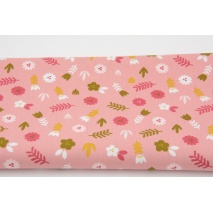 Cotton 100% green and pink flowers, on a powder pink background, poplin