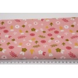Cotton 100% green and pink flowers, on a powder pink background, poplin