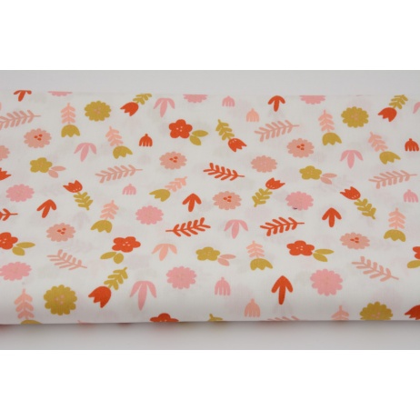 Cotton 100% ginger and pink flowers on a white background, poplin
