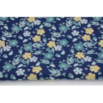 Cotton 100% turquoise and mustard flowers on navy background RW, poplin