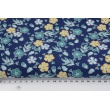 Cotton 100% turquoise and mustard flowers on navy background RW, poplin