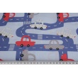 Cotton 100% cars, streets on a blue background