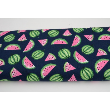 Cotton 100% pink and green watermelons on a navy background, poplin