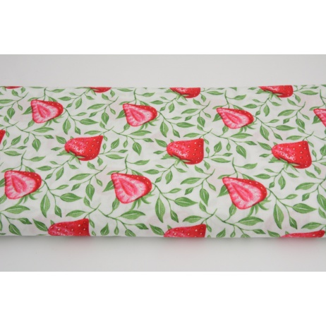 Cotton 100% stawberries with twigs on a white background, poplin