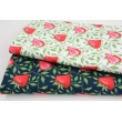 Cotton 100% stawberries with twigs on a white background, poplin