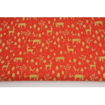 Cotton 100%, golden deer on a red background GOTS