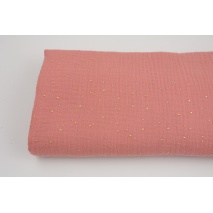 Double gauze 100% cotton golden mini dots on a coral pink background