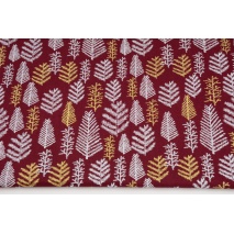 Cotton 100% white and golden Christmas trees a burgundy background, poplin