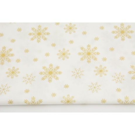 Cotton 100% golden snowflakes a white background, poplin