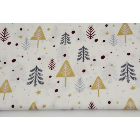 Cotton 100% gray and golden Christmas trees, burgundy dots a white background, poplin
