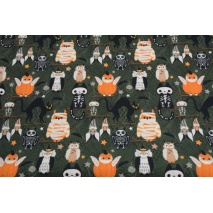 Cotton 100%, Halloween owls and cats on a green background