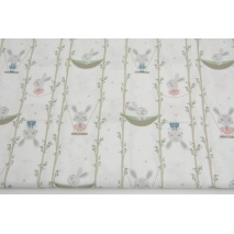 Cotton 100%, bunnies on swings on a white background GOTS