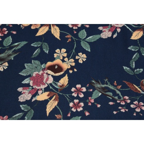 Viscose 100%, twill, flowers on a navy blue background
