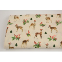 Cotton 100%, deer and holly on a natural background GOTS